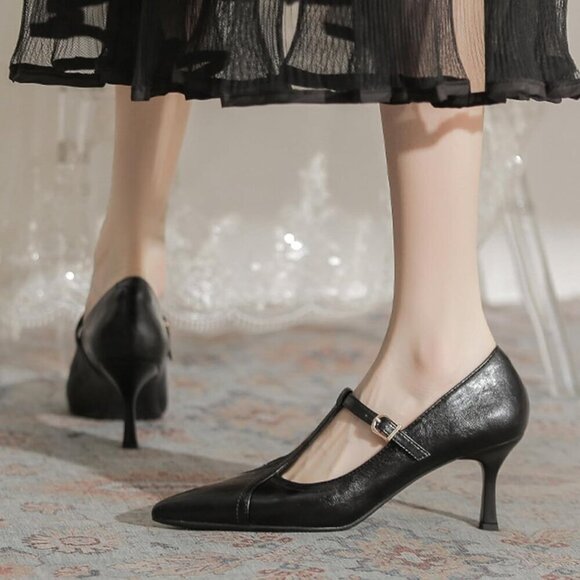 🆕Women Black Formal Leather Kitten Heel Pumps Toe Ankle Strap Stiletto Shoes - Picture 6 of 7